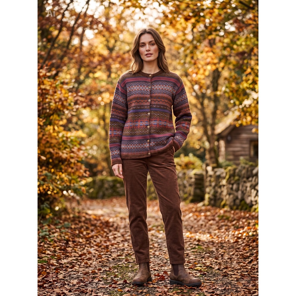 Vintage Eddie Bauer Womens Fair Isle Wool Cardigan Sweater Brown Rust UK Made L